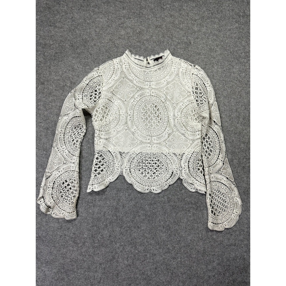 Its Pink White Lace‎ Mock Neck Long Sleeve Scalloped Hem Blouse Top Large